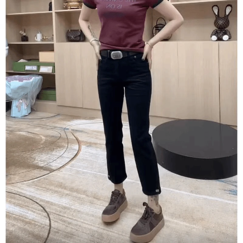 Aimeerosa/艾洛莎秋季新款高腰弹力小个牛仔裤显瘦八分直筒烟管裤