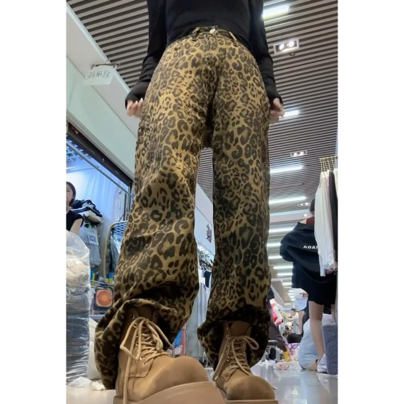 Aimeerosa/艾洛莎秋季牛仔裤高腰显瘦长裤爆款豹纹拖地长裤阔腿裤