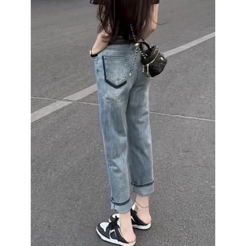 Aimeerosa/艾洛莎大码装2024年夏季直筒窄版牛仔裤子女烟管阔腿裤