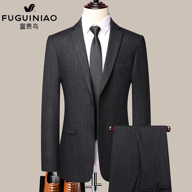 富贵鸟秋冬新款套装西服条纹修身西装商务休闲男装中青年西装