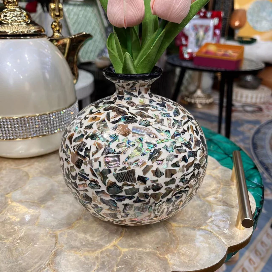 KA-【石榴瓶】螺钿工艺贝壳镶嵌精品圆肚花瓶 17*17CM