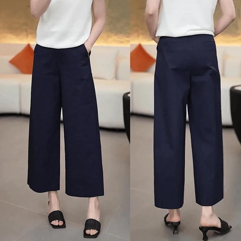 Aimeerosa/艾洛莎藏青色阔腿休闲裤女大码宽松显瘦弹力百搭直筒裤