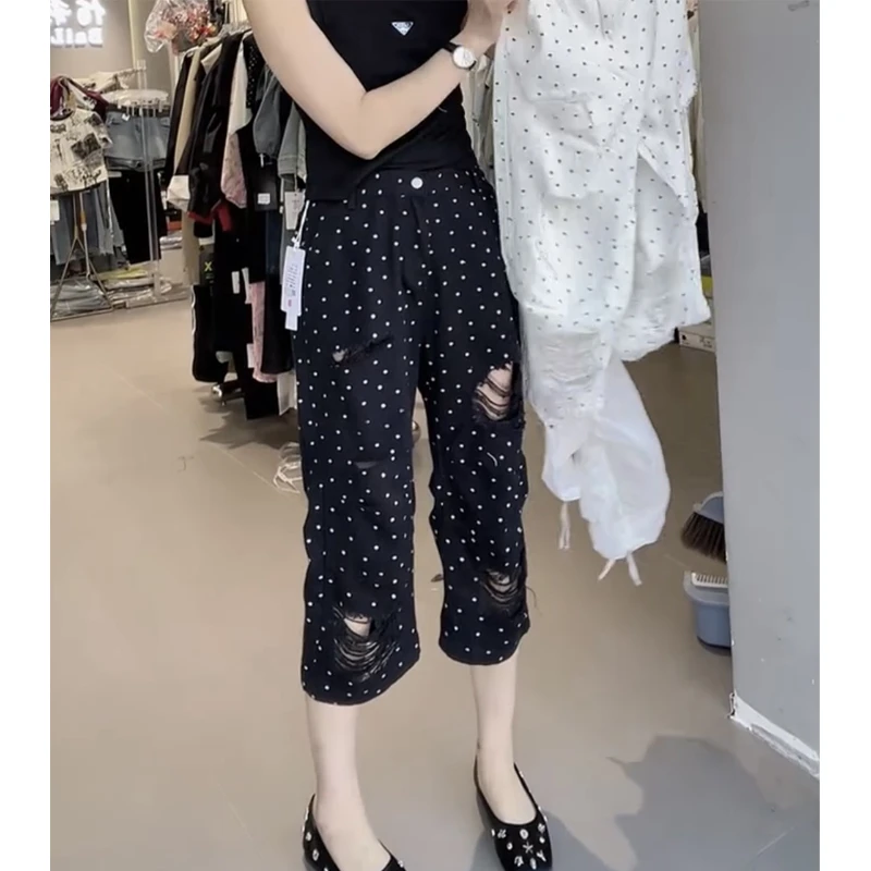 Aimeerosa/艾洛莎时尚百搭八分弯刀牛仔裤显瘦破洞波点直筒奶奶裤