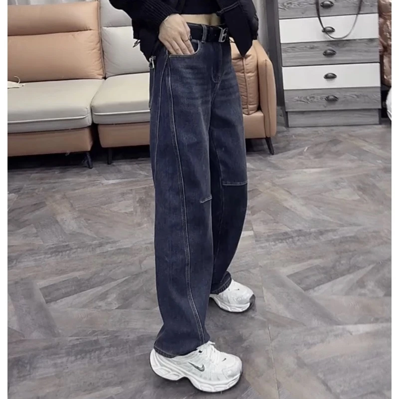 Aimeerosa/艾洛莎2025新款窄版直筒牛仔裤女秋季百搭弯刀拖地长裤