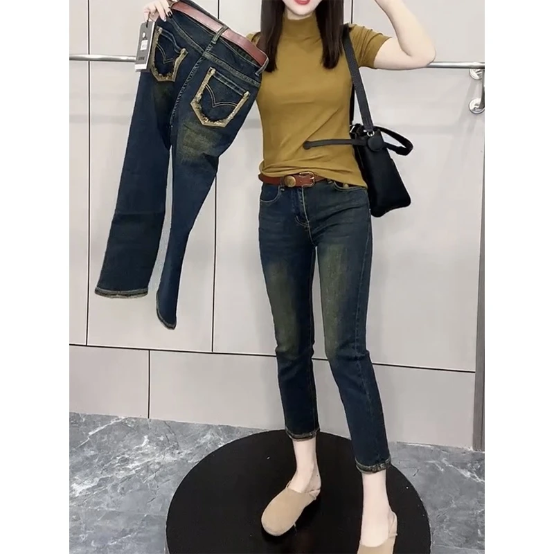 Aimeerosa/艾洛莎2025新款直筒八分牛仔裤女大码高腰显瘦烟管裤子