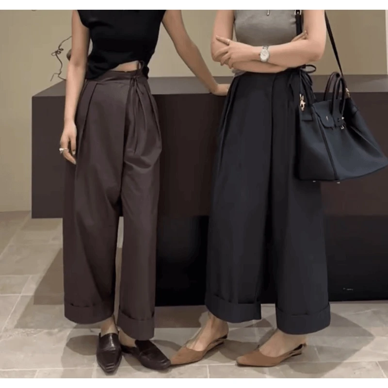 Aimeerosa/艾洛莎休闲裤女早秋新款气质高腰垂感九分阔腿奶奶裤