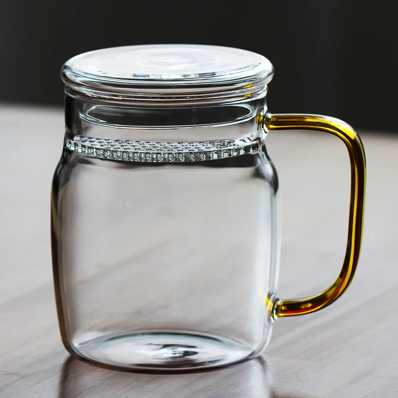 耐热玻璃泡茶杯 耐高温绿茶杯茶漏一体月牙带滤网泡茶杯带盖450ML