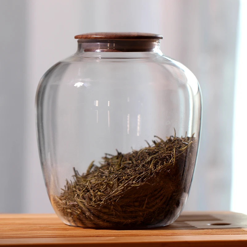 玻璃茶叶罐 家用大号实木盖储物罐高硼硅玻璃花茶罐干果储存罐