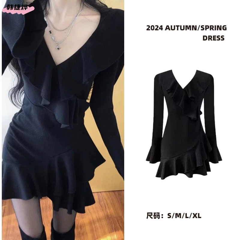 荷叶边秋季法式高级感气质裙子小黑裙修身显瘦短裙女款衣服连衣裙