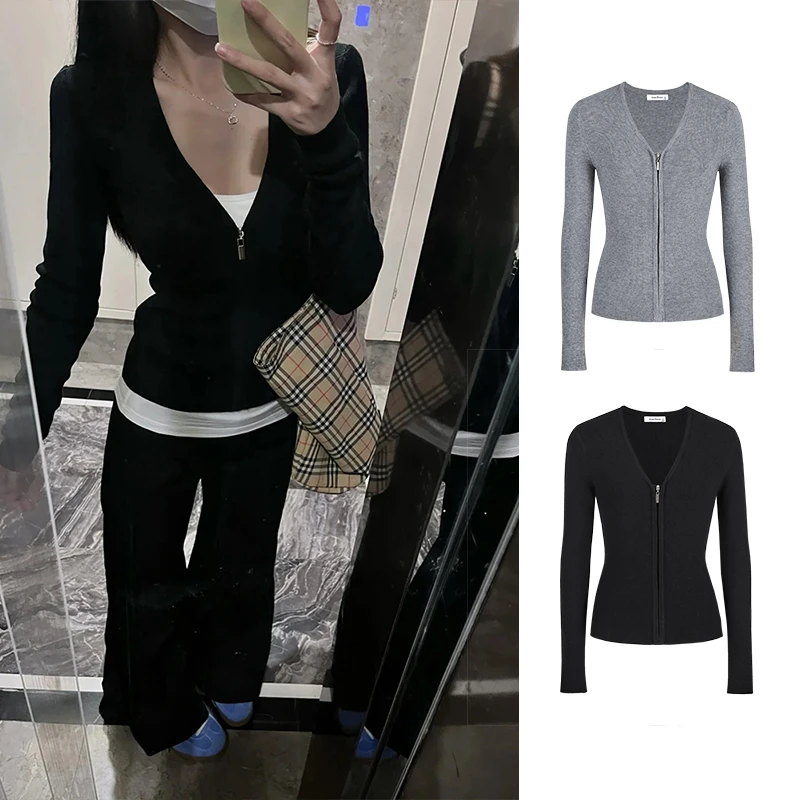 Moses Queen/魔西女王V领拉链针织开衫修身显瘦外搭早秋上衣