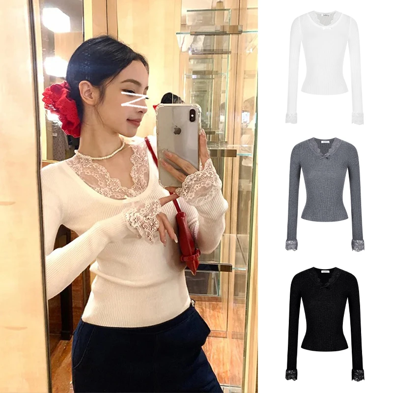 Moses Queen/魔西女王蕾丝V领拼接纯欲针织衫修身气质长袖上衣