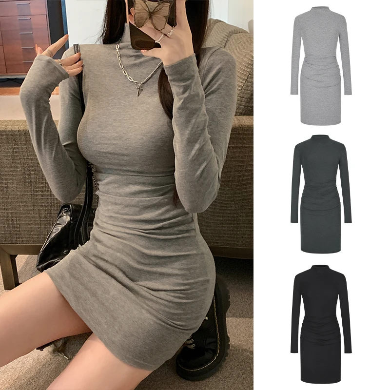 Moses Queen/魔西女王辣妹半高领包臀短裙秋冬内搭收腰褶皱连衣裙