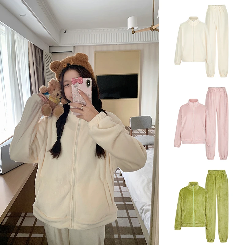 Moses Queen/魔西女王甜美珊瑚绒居家服立领开衫上衣休闲裤套装