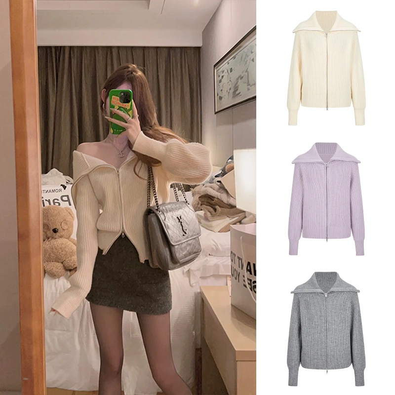 Moses Queen/魔西女王设计感慵懒风针织衫女秋冬软糯拉链立领外套