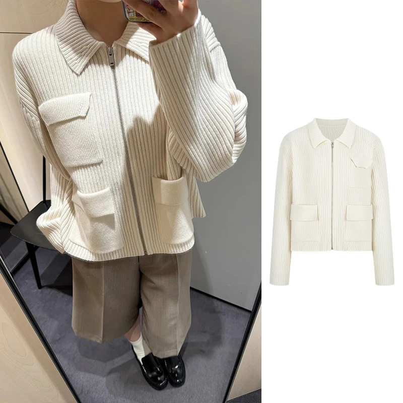 Moses Queen/魔西女王松弛感坑条翻领链针织开衫软糯加厚毛衣外套