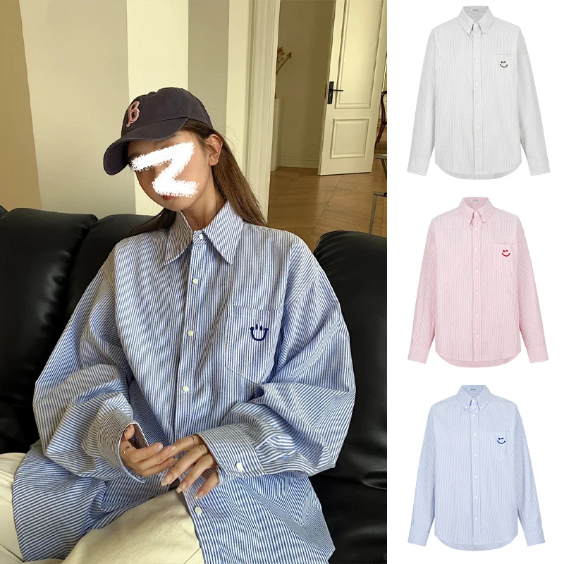 Moses Queen/魔西女王笑脸刺绣衬衫外套男女秋季小众宽松条纹衬衣