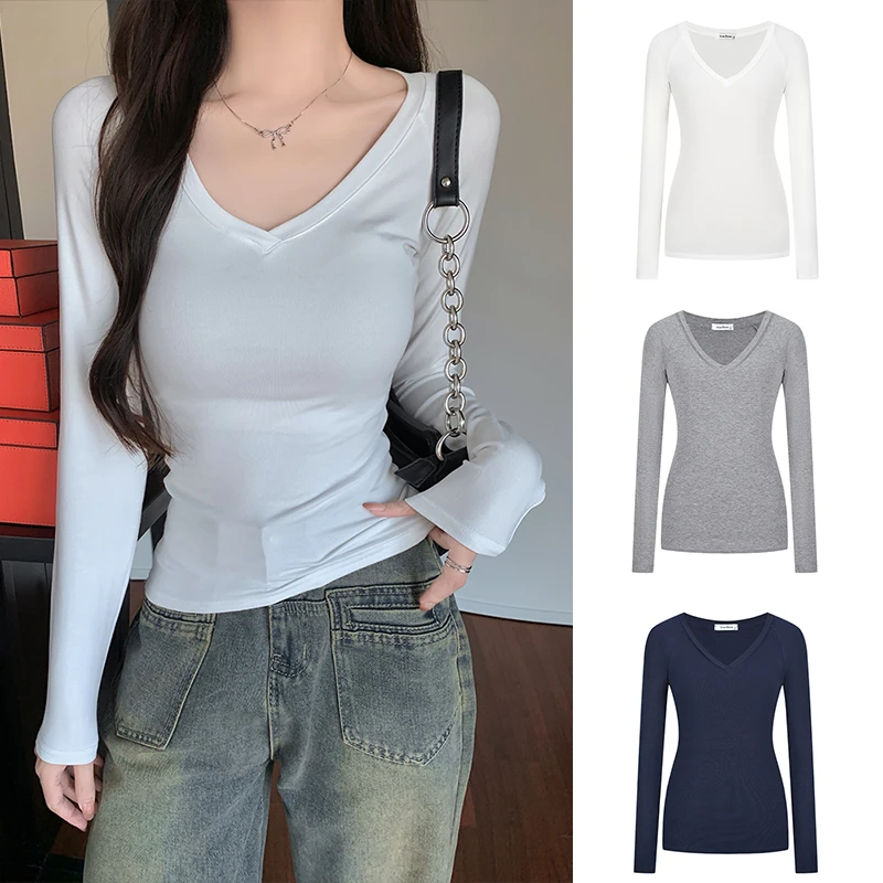 Moses Queen/魔西女王辣妹纯欲基础款内搭V领长袖T恤女打底衫上衣