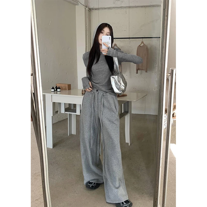 辣妹螺纹连帽打底衫套装秋季设计感显瘦长袖上衣抽绳休闲运动卫裤