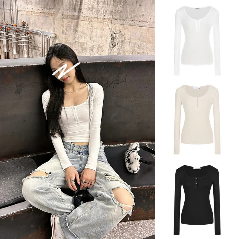 Moses Queen/魔西女王正肩掐腰修身打底衫大U半开领显瘦长袖T恤