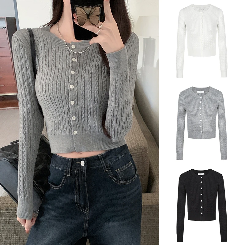 Moses Queen/魔西女王甜辣风针织开衫女春秋辣妹纯欲麻花短款外套