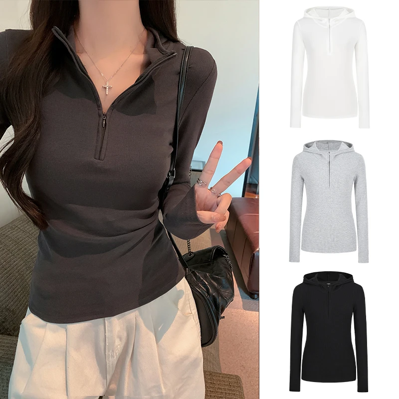 Moses Queen/魔西女王半开领连帽长袖T恤正肩掐腰显瘦打底衫