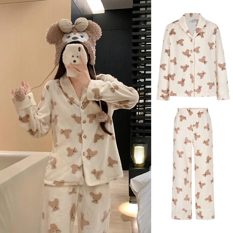 Moses Queen/魔西女王毛茸茸小熊珊瑚绒睡衣套装保暖外穿居家发