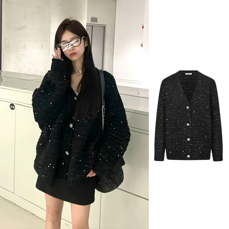 Moses Queen/魔西女王老钱风细闪设计V领针织开衫慵懒毛衣外套