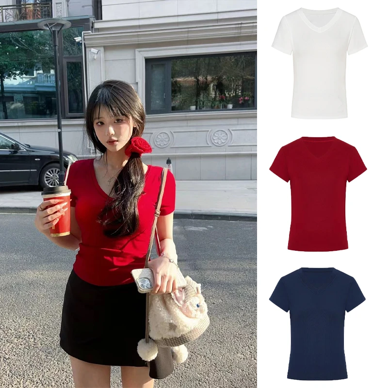Moses Queen/魔西女王V领正肩短袖T恤纯色百搭修身显瘦设计感上衣