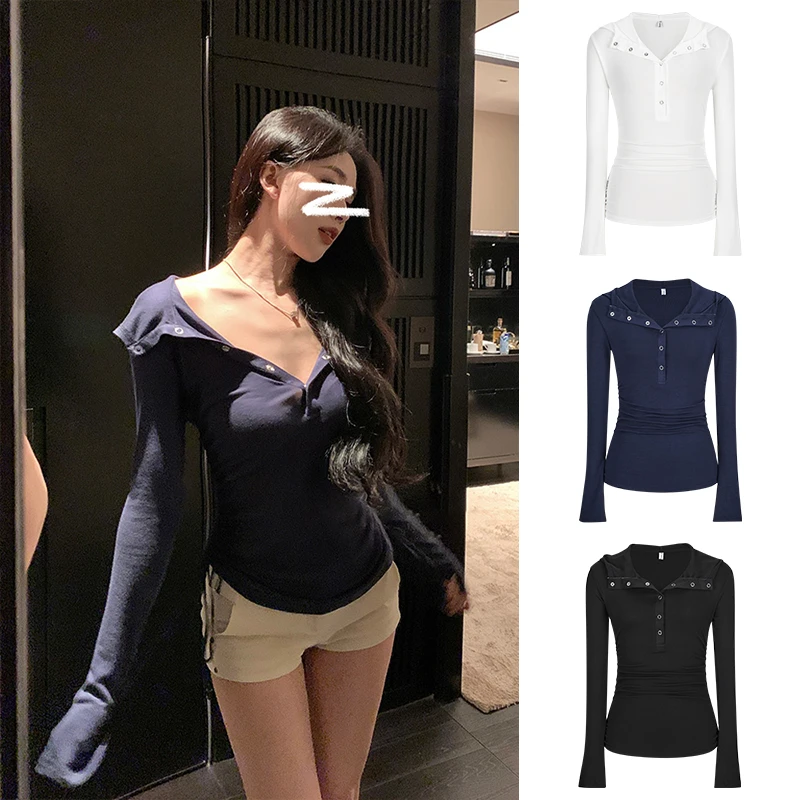 Moses Queen/魔西女王连帽V领上衣女辣妹纯欲风修身显瘦长袖