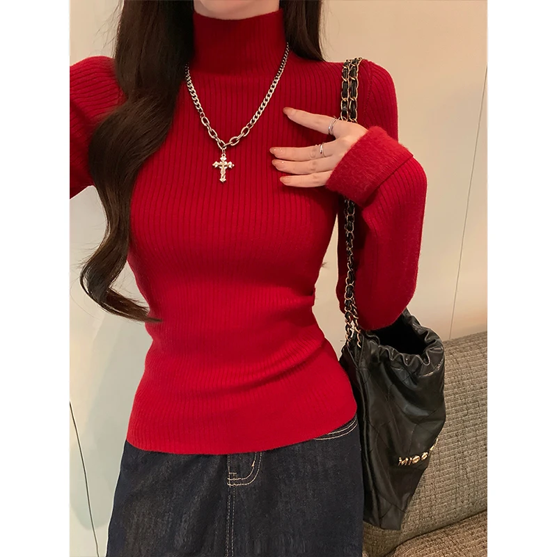 Moses Queen/魔西女王圣诞红一体绒针织打底衫竖坑条纹加绒加厚