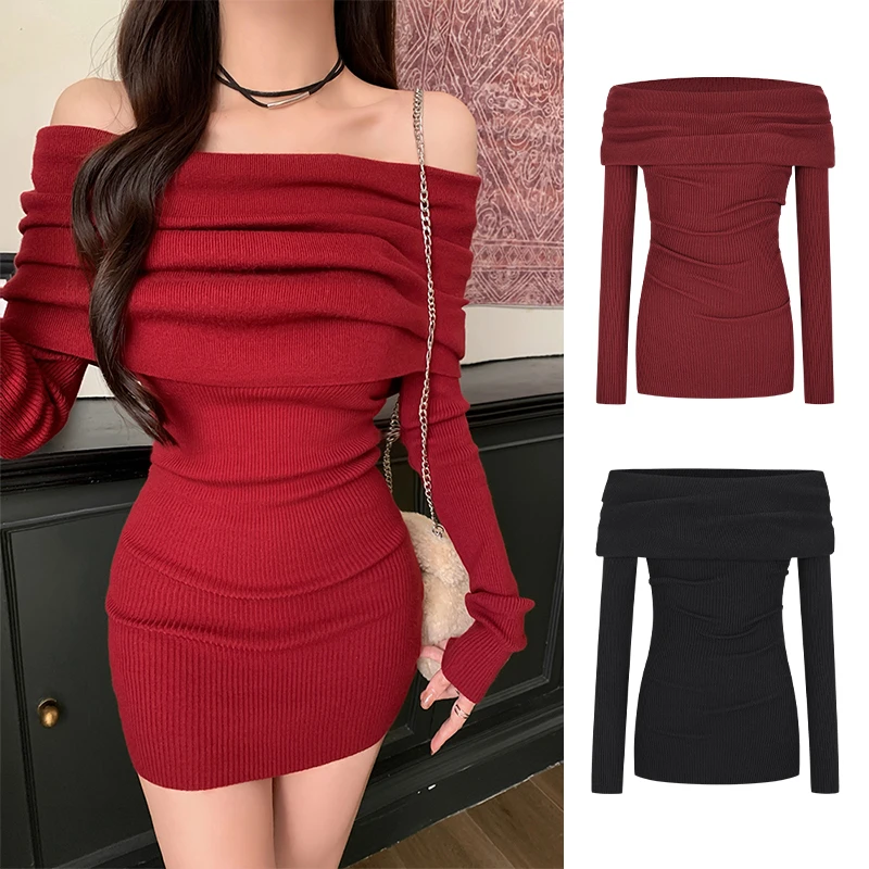 Moses Queen/魔西女王法式气质修身一字肩针织连衣裙纯欲包臀裙