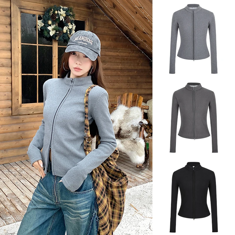 Moses Queen/魔西女王加绒加厚美式双拉链外套立领修身掐腰开衫