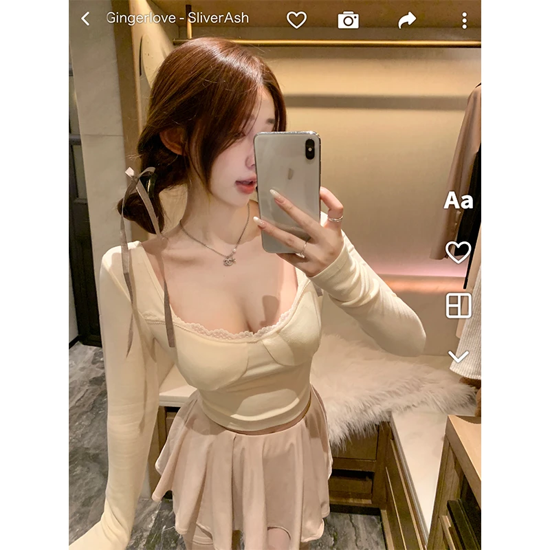 奶欲少女辣妹纯欲长袖上衣低胸拼接蕾丝花边秋冬磨毛方领打底衫