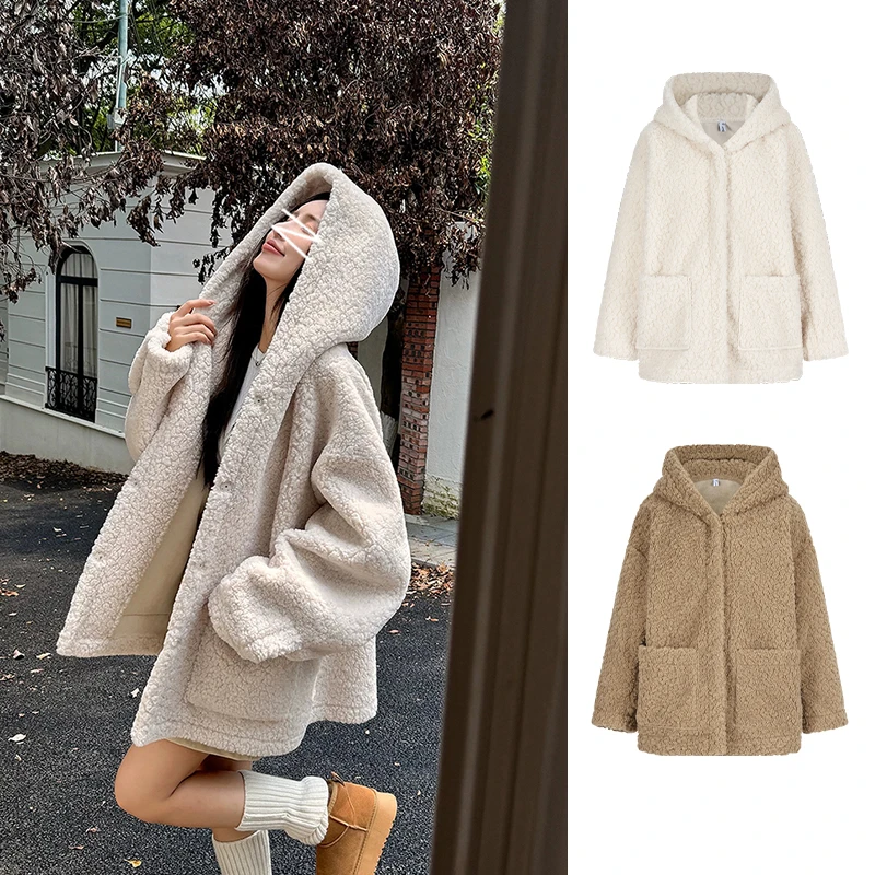 Moses Queen/魔西女王慵懒风宽松连帽外套加厚保暖显瘦一体毛开衫