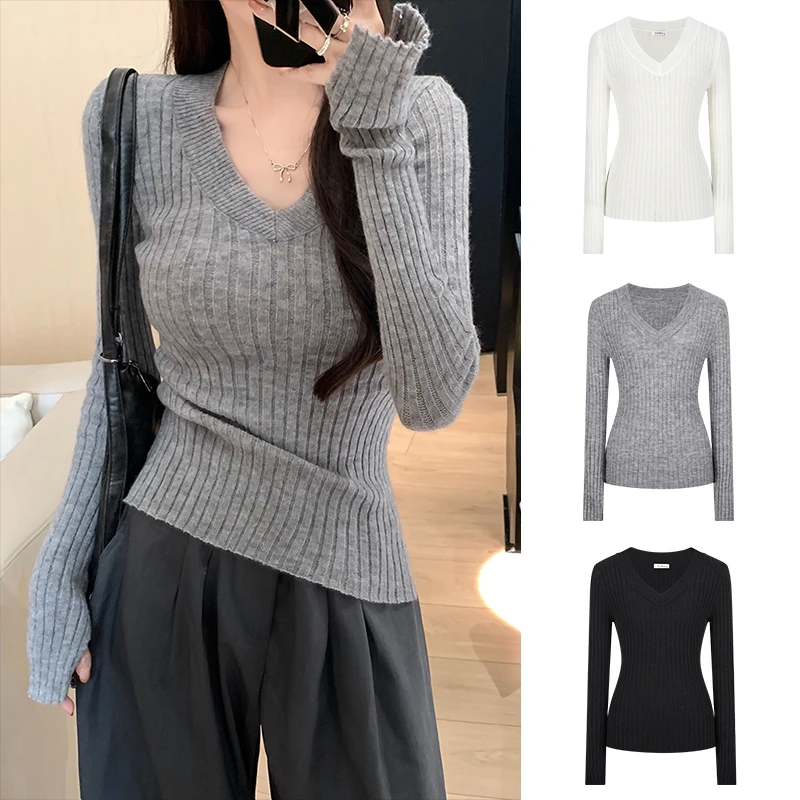 Moses Queen/魔西女王纸片人慵懒坑条针织衫V领显瘦长袖早秋上衣