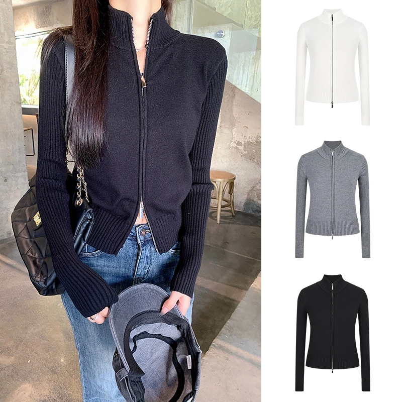 Moses Queen/魔西女王双拉链立领针织开衫宽松短款气质上衣