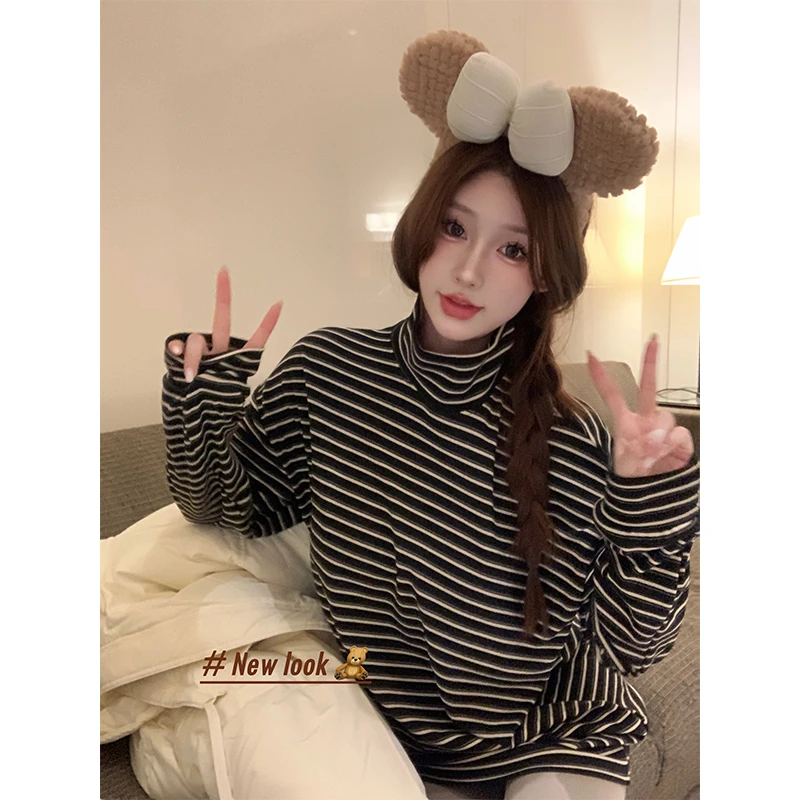 堆堆领套头条纹t恤女长袖宽松冬季韩版百搭中长款加绒打底上衣