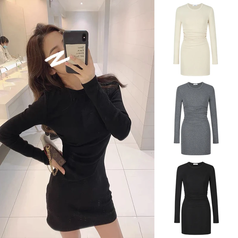 Moses Queen/魔西女王黑色长袖连衣裙早秋内搭收腰褶皱包臀短裙