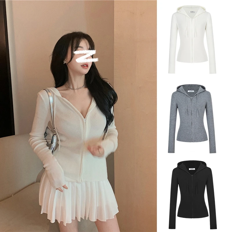 Moses Queen/魔西女王早春辣妹针织连帽开衫运动显瘦掐腰短款外套