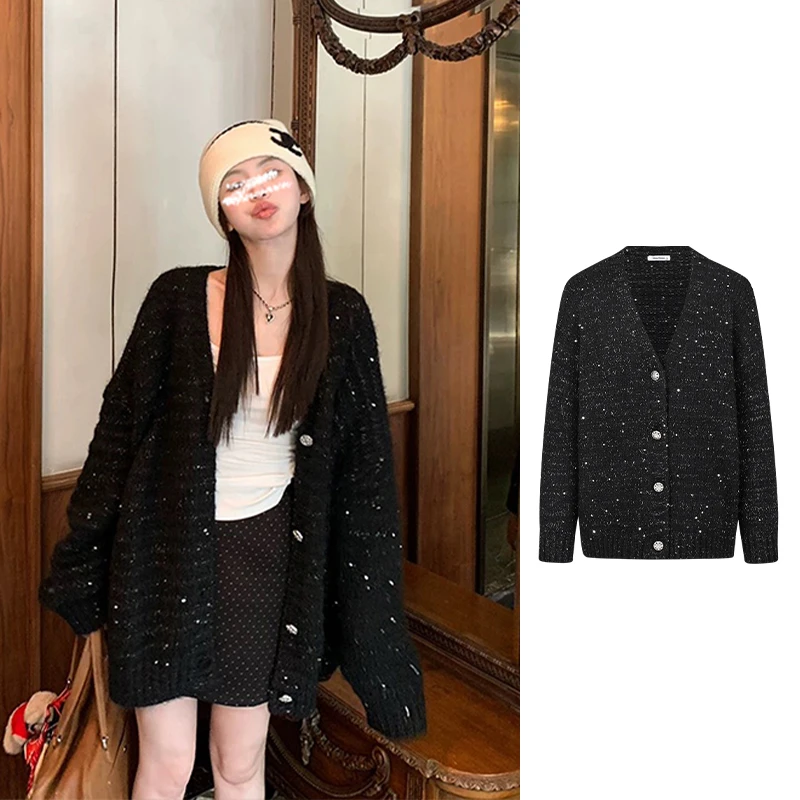 Moses Queen/魔西女王老钱风细闪设计V领针织开衫慵懒毛衣外套