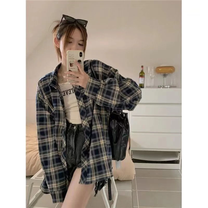 复古格纹衬衫oversize男友风格子衬衣外套韩版港味休闲长袖上衣