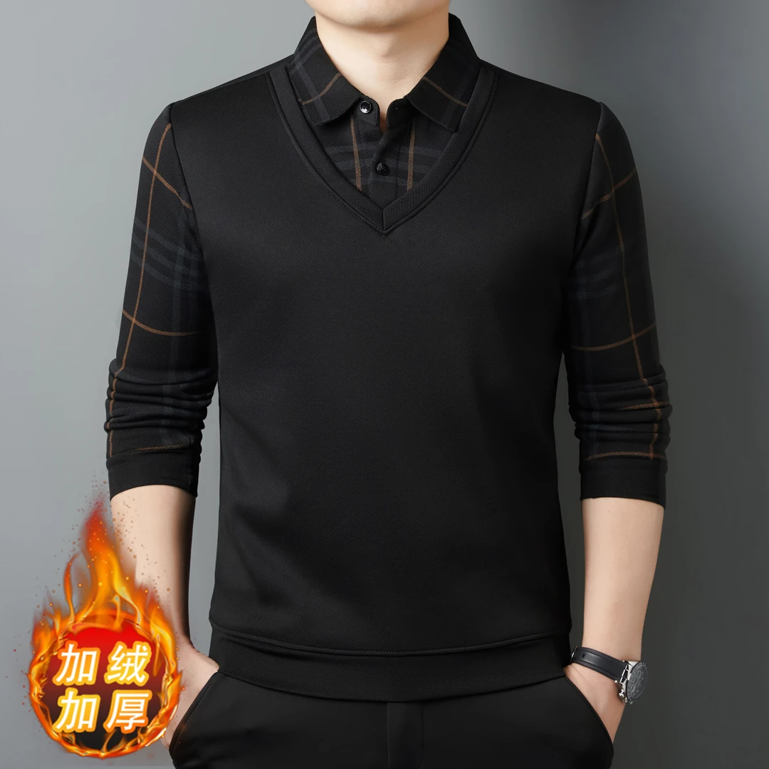 加绒加厚假两件polo衫男士毛衣高档冬季保暖翻领商务长袖针织衫男