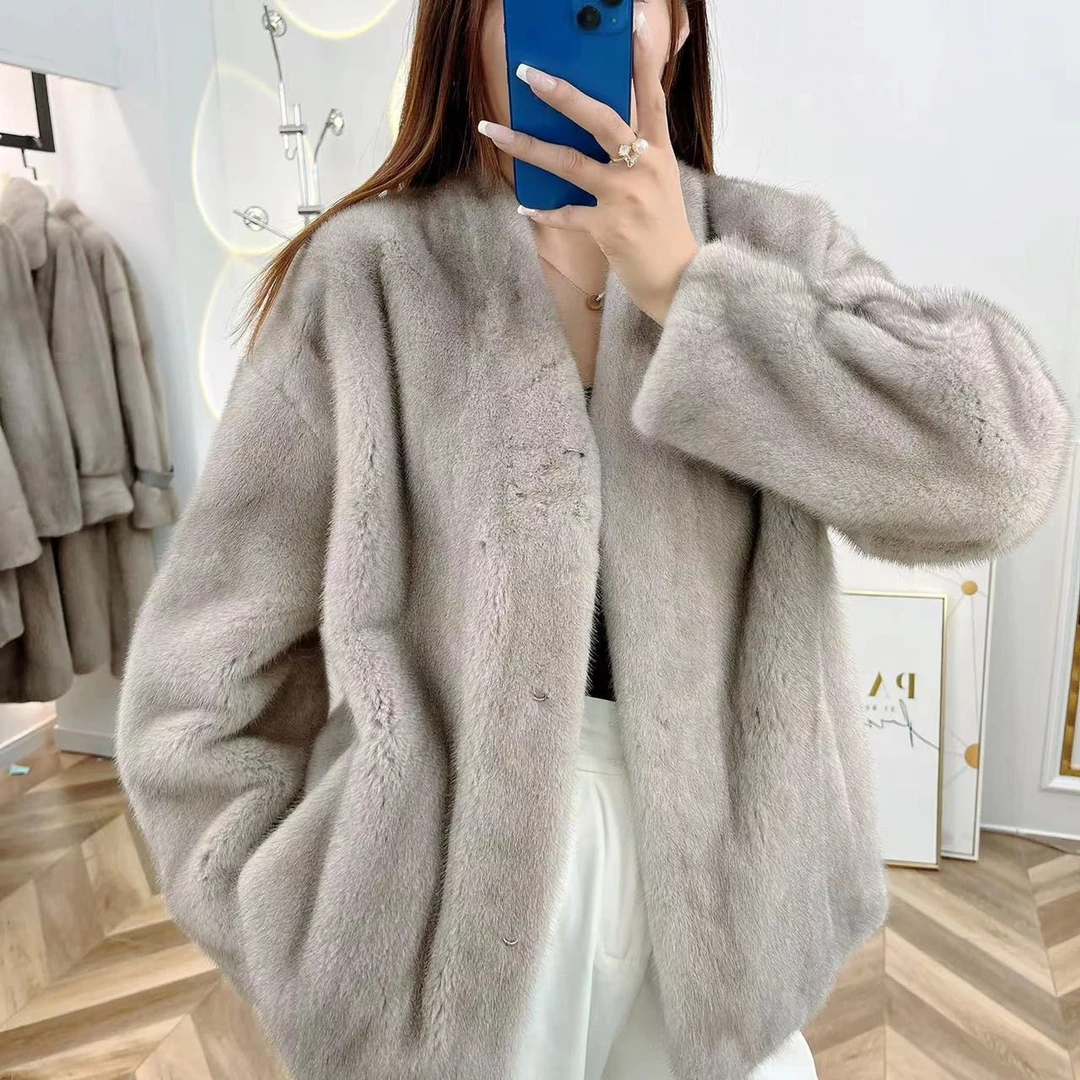 2166丨新款V领水貂皮草外套女士休闲百搭气质短款时尚