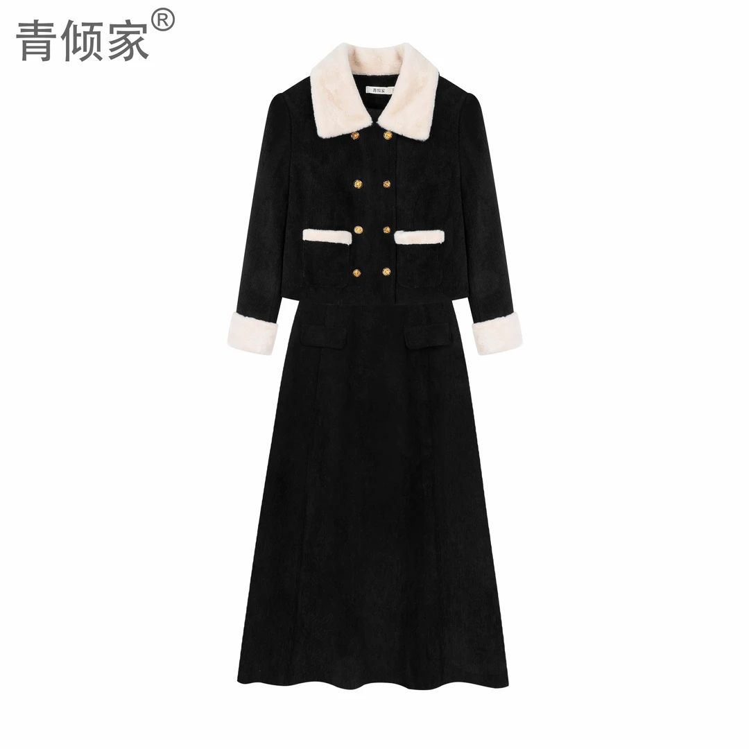【新年新衣】黑色小香风套装女加厚灯芯绒外套气质两件套【青倾家】