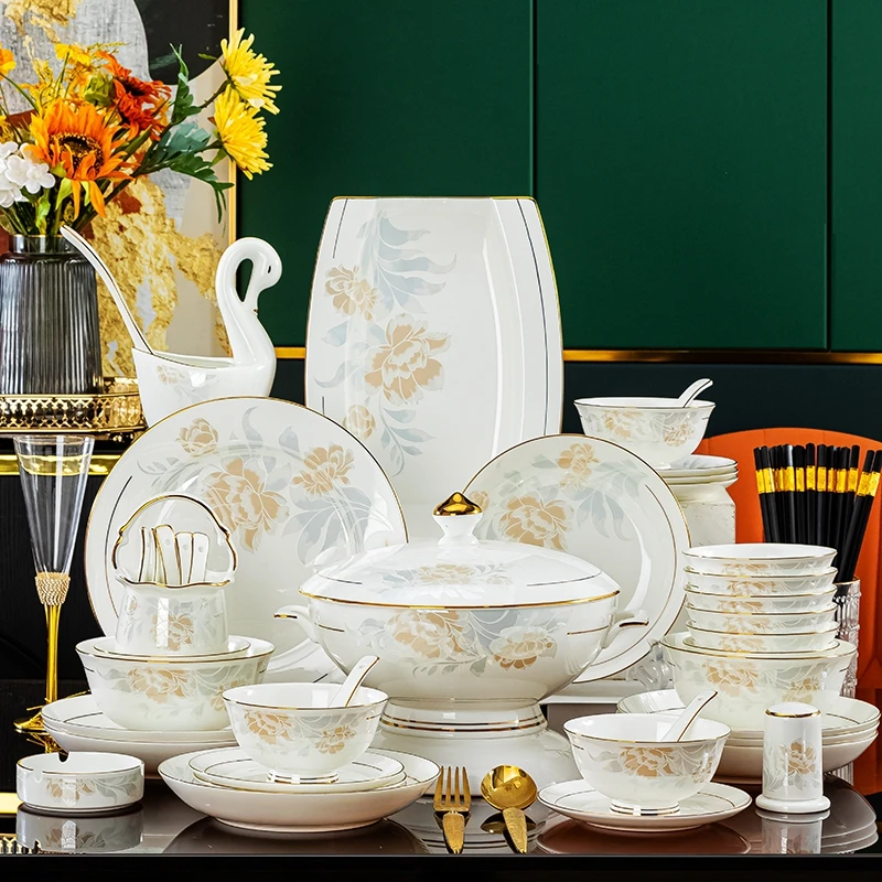 景德镇骨瓷餐具套装家用中式轻奢陶瓷碗盘碟组合乔迁新居结婚送礼