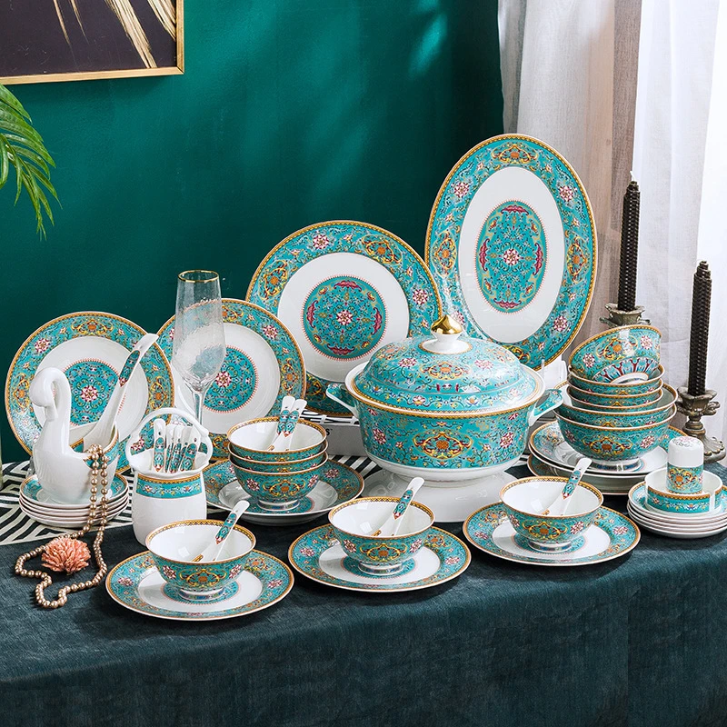 景德镇珐琅彩中式轻奢骨瓷餐具家用高档陶瓷碗盘碟勺套装乔迁送礼