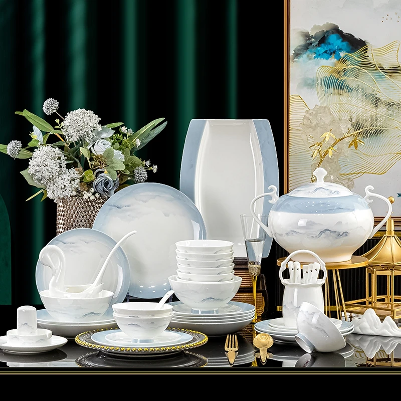 釉下彩碗碟套装家用景德镇高档骨瓷餐具碗盘碟筷乔迁新居结婚送礼