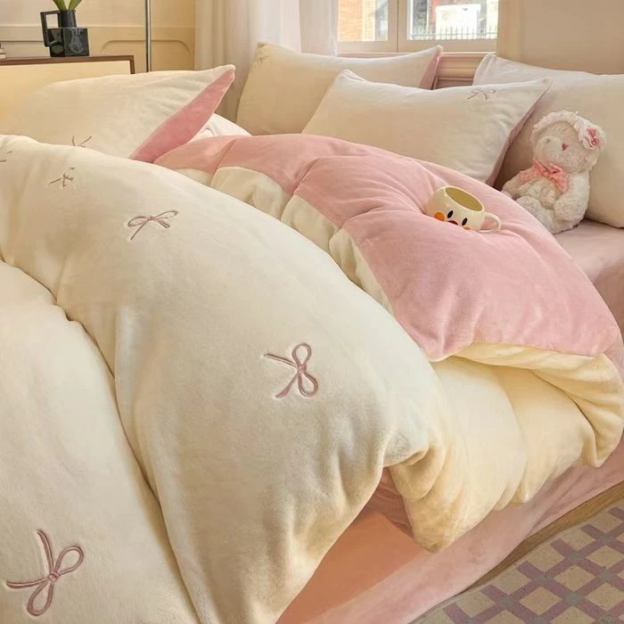 2024新款高克重绣花纯色牛奶绒四件套加绒被毛绒加厚双面绒水晶绒