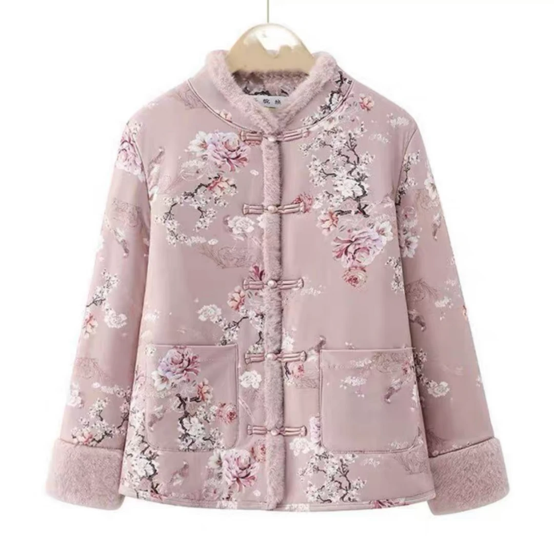 新款新中式保暖棉衣冬季高定立领时尚百搭加绒加厚印花国风棉衣