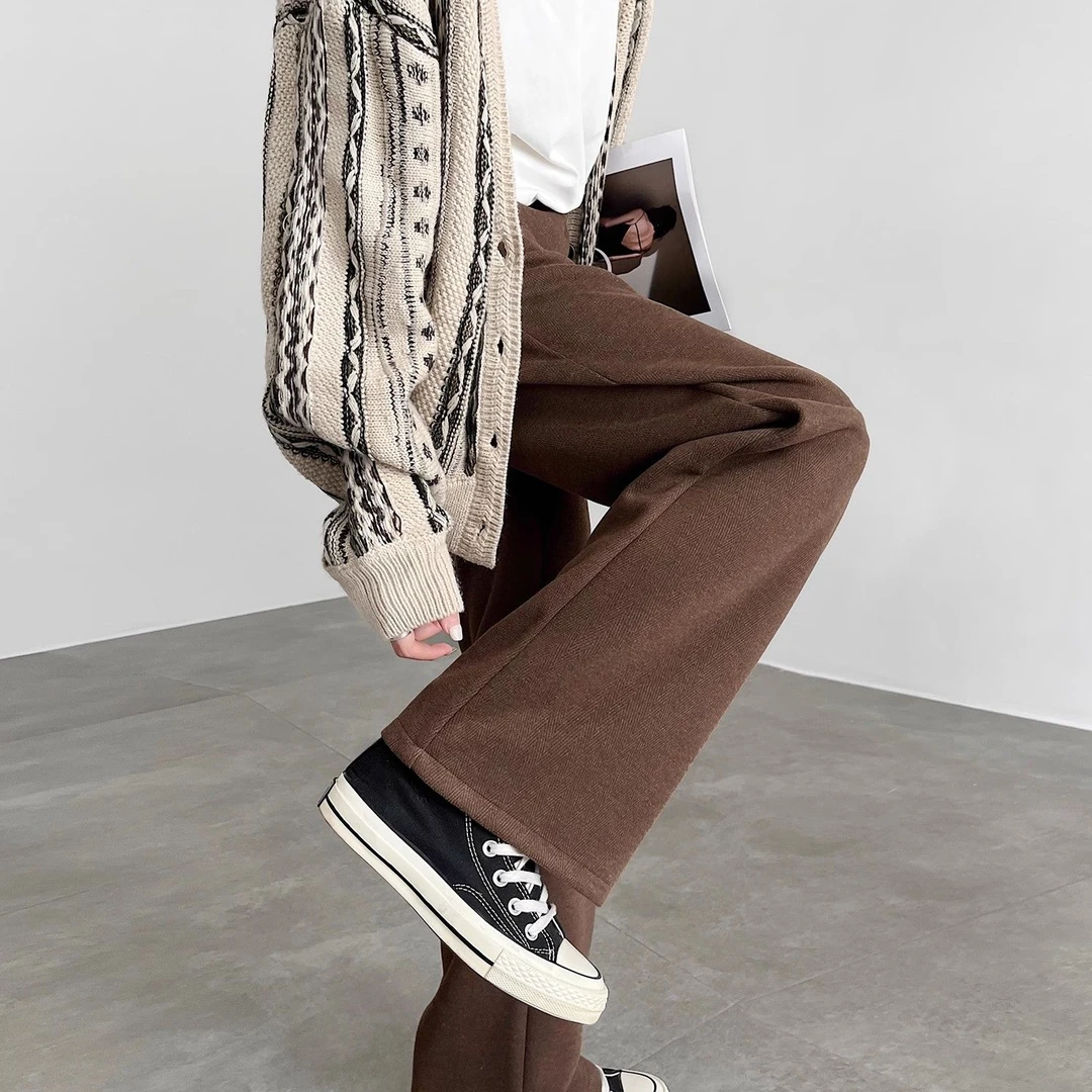 阔腿裤毛呢高腰直筒咖色人字纹裤女秋冬新款加绒加厚裤子显瘦百搭